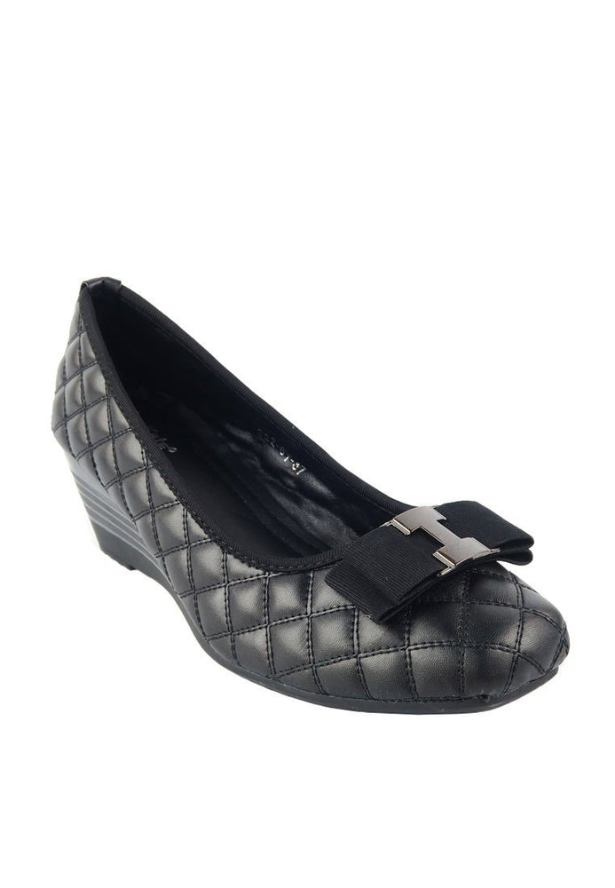 รองเท้าคัตชูส้นเตารีด 221-61 - Embroidered Square Toe Wedge Shoes With Bow