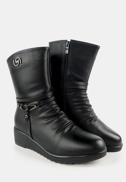 รองเท้าบูทหนัง กันหนาว ไซส์พิเศษ - Leather Wedge Riding Mid-Calf Boots รองเท้าบูทหนัง กันหนาว ไซส์พิเศษ - Leather Wedge Riding Mid-Calf Boots