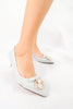 รองเท้าหัวแหลม หนังกากเพชร ประดับมุข - Elegant Glitter Mid Heels Pump Shoes