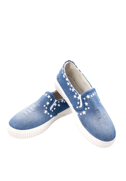 รองเท้าผ้าใบเดนิมลายสตาร์ - Stars Denim Platfrom Sneaker Flat Shoes