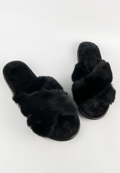 รองเท้าแตะขนเฟอร์ - Cross Straps Plush Faux Fur Rubber Sole House Slipper