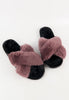 รองเท้าแตะขนเฟอร์ - Cross Straps Plush Faux Fur Rubber Sole House Slipper