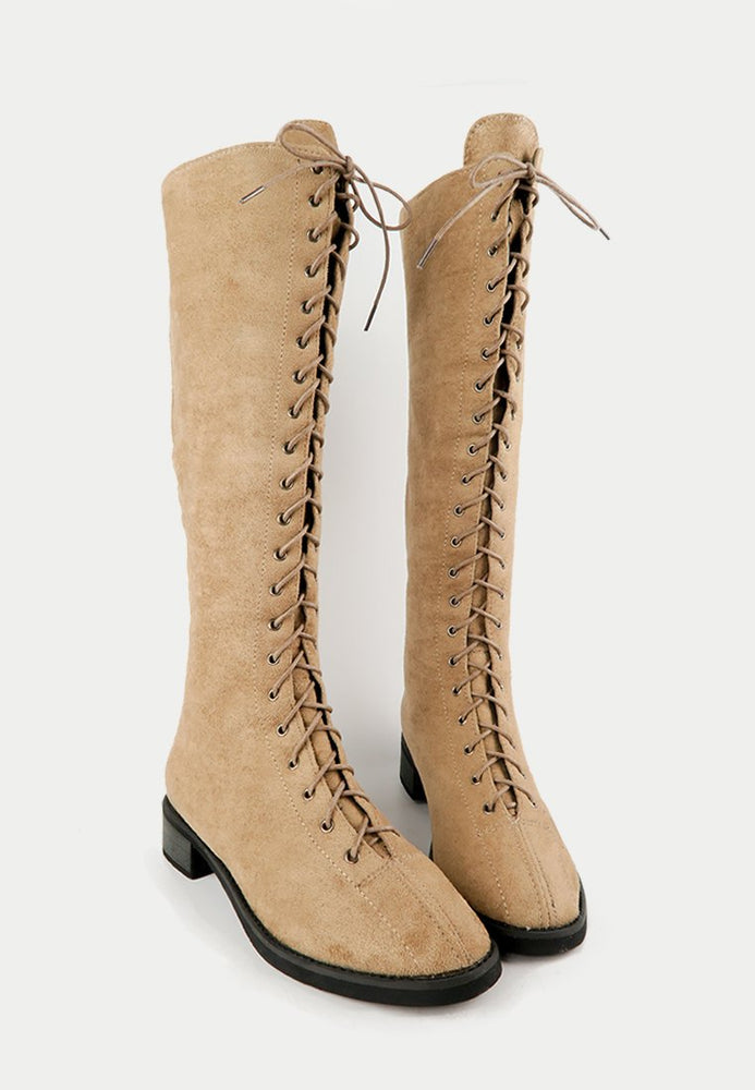 รองเท้าบูทแฟชั่นทรงสุง - Lace-up Combat Cuff Riding High-Calf Boots