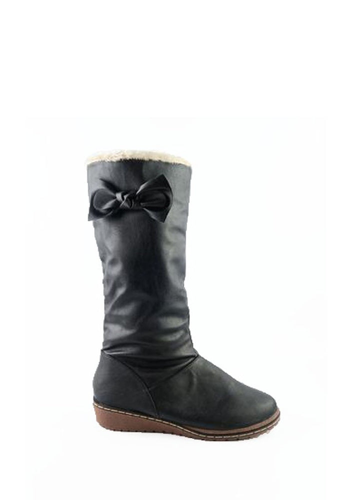 รองเท้าบูทหนังทรงสูงแต่งโบ - Classic Leather Flat To Low Heel Knee High Boots