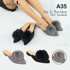 รองเท้าส้นเเบนหัวแหลมเเต่งปอมขนเฟอร์ - Women's  Slip On Backlessat Flat Heel Mule Sandals