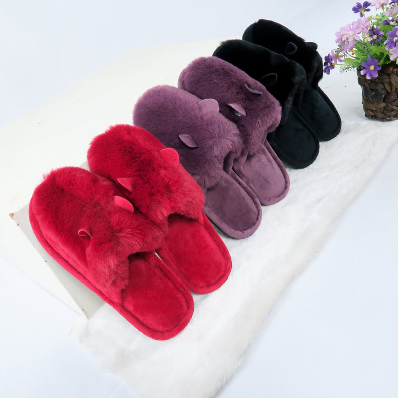 รองเท้าแตะขนเฟอร์ - Plush Faux Fur House Rubber Sole Slipper