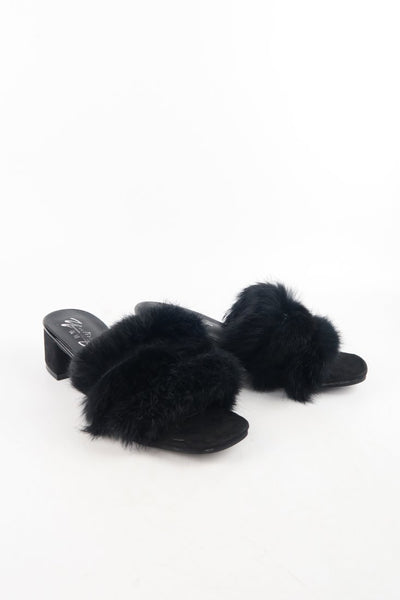 รองเท้าสั้นสูงแต่งขนเฟอร์ - Fluffy Fur Slide Sandals Fashion Block Mid Heel Mule Slippers