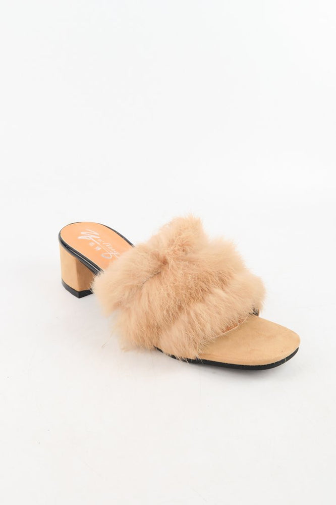 รองเท้าสั้นสูงแต่งขนเฟอร์ - Fluffy Fur Slide Sandals Fashion Block Mid Heel Mule Slippers