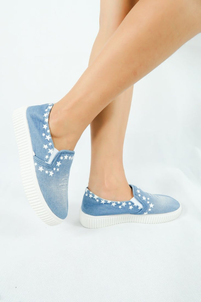 รองเท้าผ้าใบเดนิมลายสตาร์ - Stars Denim Platfrom Sneaker Flat Shoes